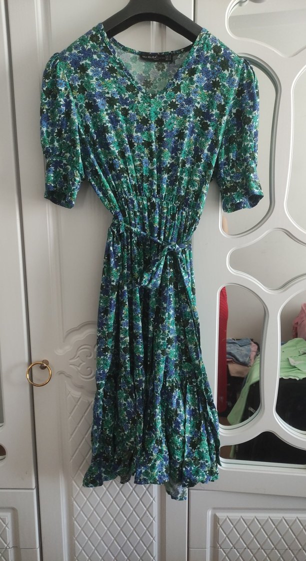 Uzun Yeşil Bohem Piliseli Elbise - Görsel 3