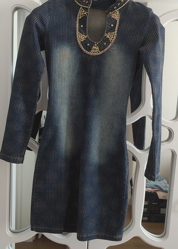 Zincir Detaylı Mavi Midi Kot Elbise - Görsel 2