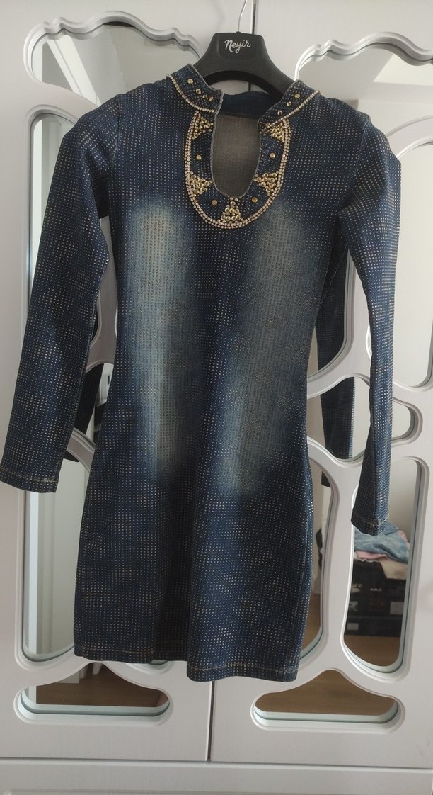 Zincir Detaylı Mavi Midi Kot Elbise - Görsel 2