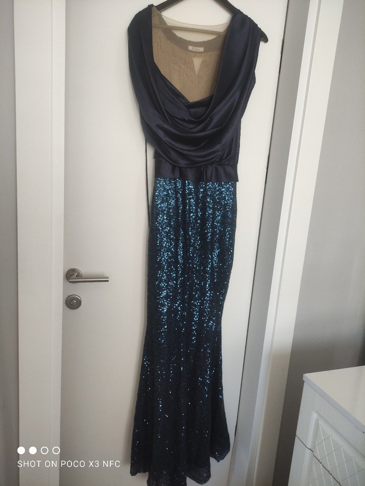 Lacivert Drapeli Uzun Abiye Elbise - Görsel 4