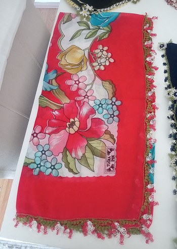 Kadın Çok Renkli Dantel Detaylı Vintage Eşarp - Görsel 10