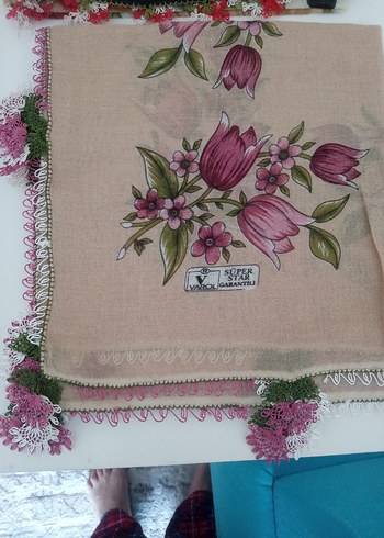 Kadın Çok Renkli Dantel Detaylı Vintage Eşarp - Görsel 4