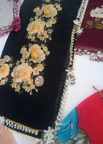 Kadın Çok Renkli Dantel Detaylı Vintage Eşarp - Görsel 12