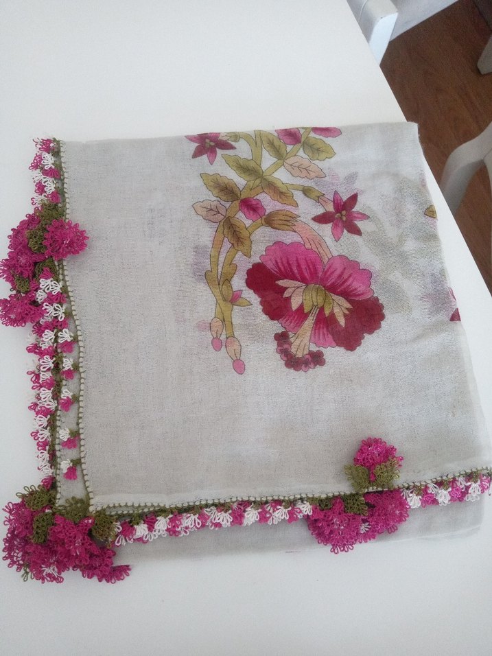 Kadın Çok Renkli Dantel Detaylı Vintage Eşarp - Görsel 5