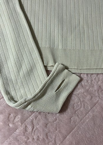 Krem Yüksek Yakalı Fitilli Triko Kazak - Görsel 2