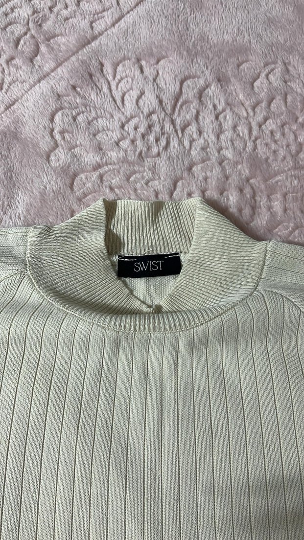 Krem Yüksek Yakalı Fitilli Triko Kazak - Görsel 4