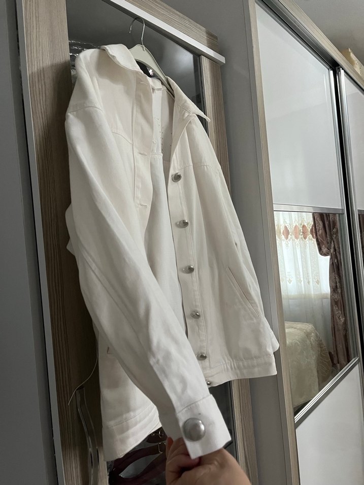 Düğmeli Beyaz Midi Kadın Keten Ceket - Görsel 5