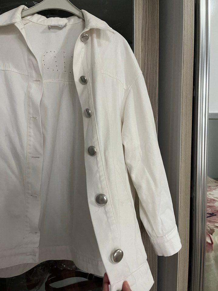 Düğmeli Beyaz Midi Kadın Keten Ceket - Görsel 3