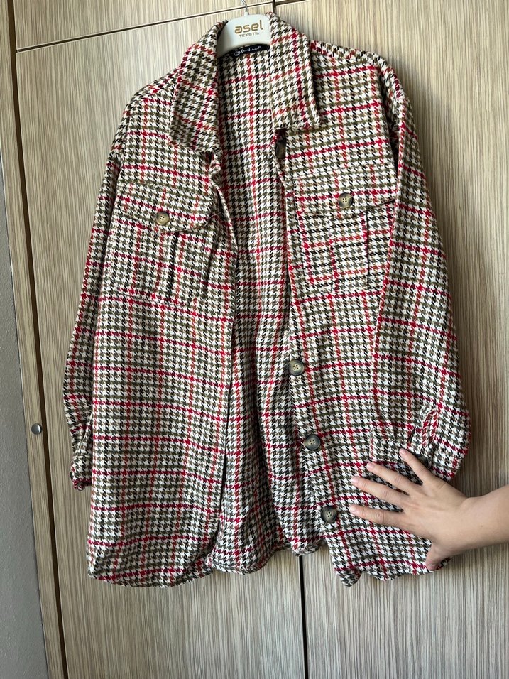 Bordo Gri Kareli Düğmeli Kadın Gömlek - Görsel 4