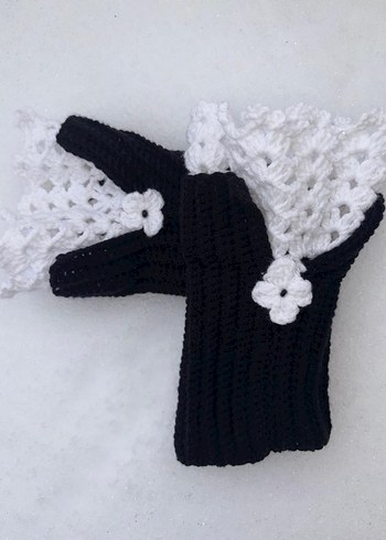 Dantel Detaylı Siyah Beyaz Örgü Eldiven - Görsel 3