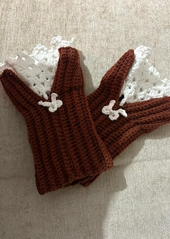 Kahverengi Örgü Bohem Kadın Eldiven - Görsel 4