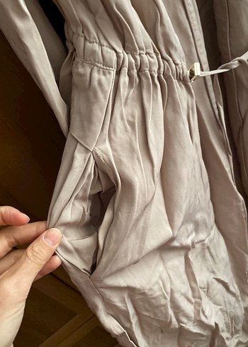 Bej Uzun Kollu Kadın Dış giyim trenç kap mevsimlik ütüsüzdür - Görsel 4