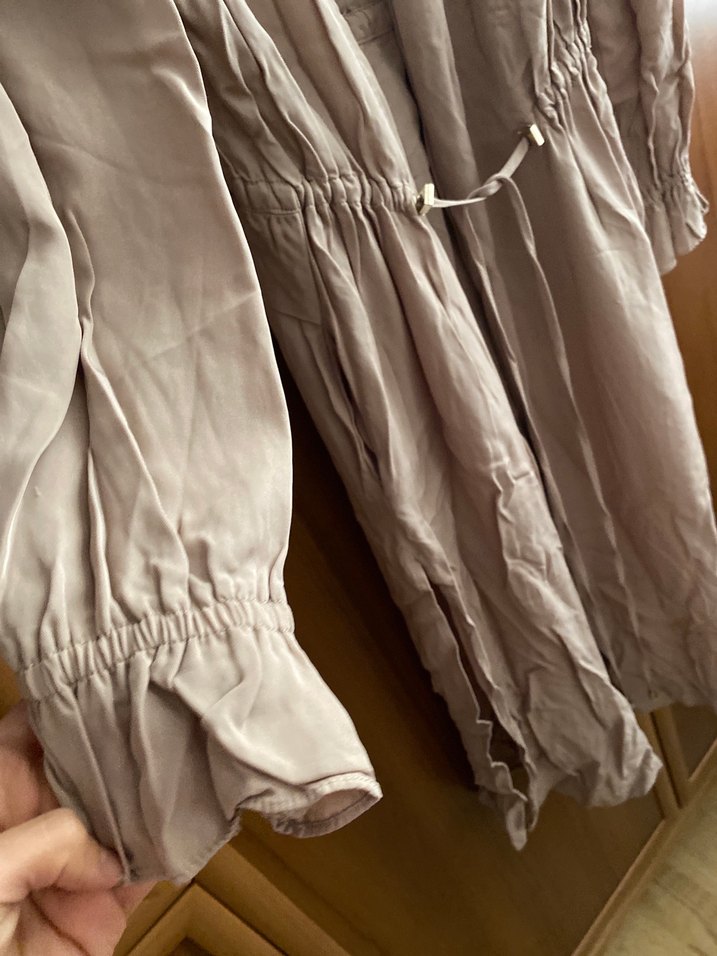 Bej Uzun Kollu Kadın Dış giyim trenç kap mevsimlik ütüsüzdür - Görsel 3