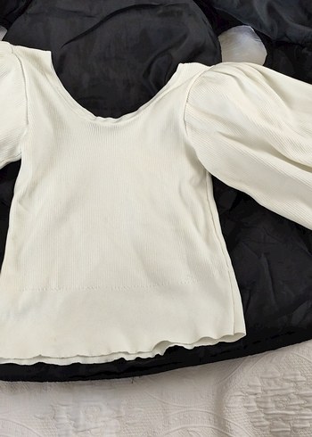 Kadın Beyaz Keten uxu Kollu Tekne Yaka Tişört - Görsel 2