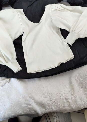 Kadın Beyaz Keten uxu Kollu Tekne Yaka Tişört - Görsel 3