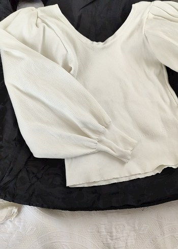 Kadın Beyaz Keten uxu Kollu Tekne Yaka Tişört - Görsel 4