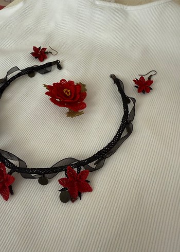 Kırmızı Nakışlı İğne Oyası Boncuklu Kısa Kolye Seti - Görsel 7