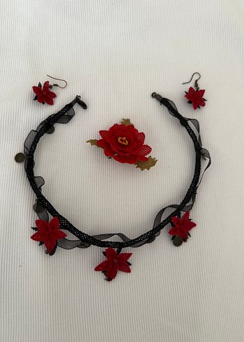 Kırmızı Nakışlı İğne Oyası Boncuklu Kısa Kolye Seti - Görsel 8