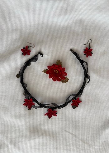 Kırmızı Nakışlı İğne Oyası Boncuklu Kısa Kolye Seti - Görsel 2