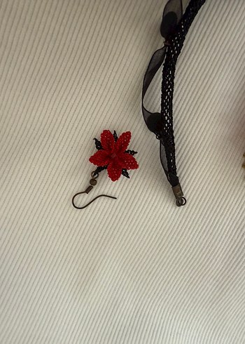 Kırmızı Nakışlı İğne Oyası Boncuklu Kısa Kolye Seti - Görsel 5