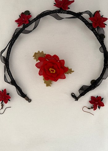 Kırmızı Nakışlı İğne Oyası Boncuklu Kısa Kolye Seti - Görsel 4