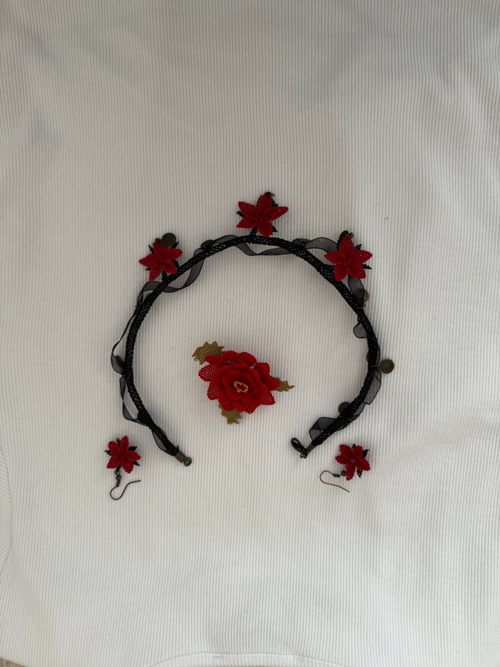 Kırmızı Nakışlı İğne Oyası Boncuklu Kısa Kolye Seti - Görsel 3