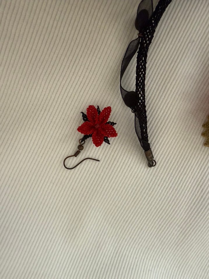 Kırmızı Nakışlı İğne Oyası Boncuklu Kısa Kolye Seti - Görsel 5