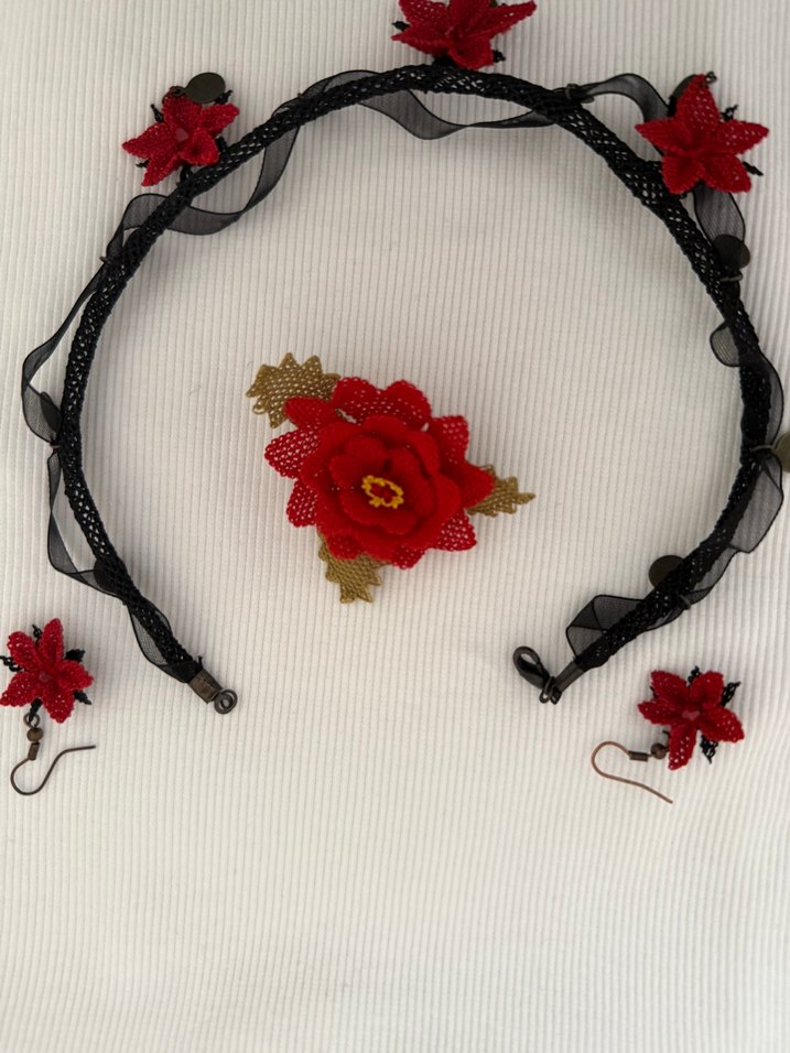 Kırmızı Nakışlı İğne Oyası Boncuklu Kısa Kolye Seti - Görsel 4