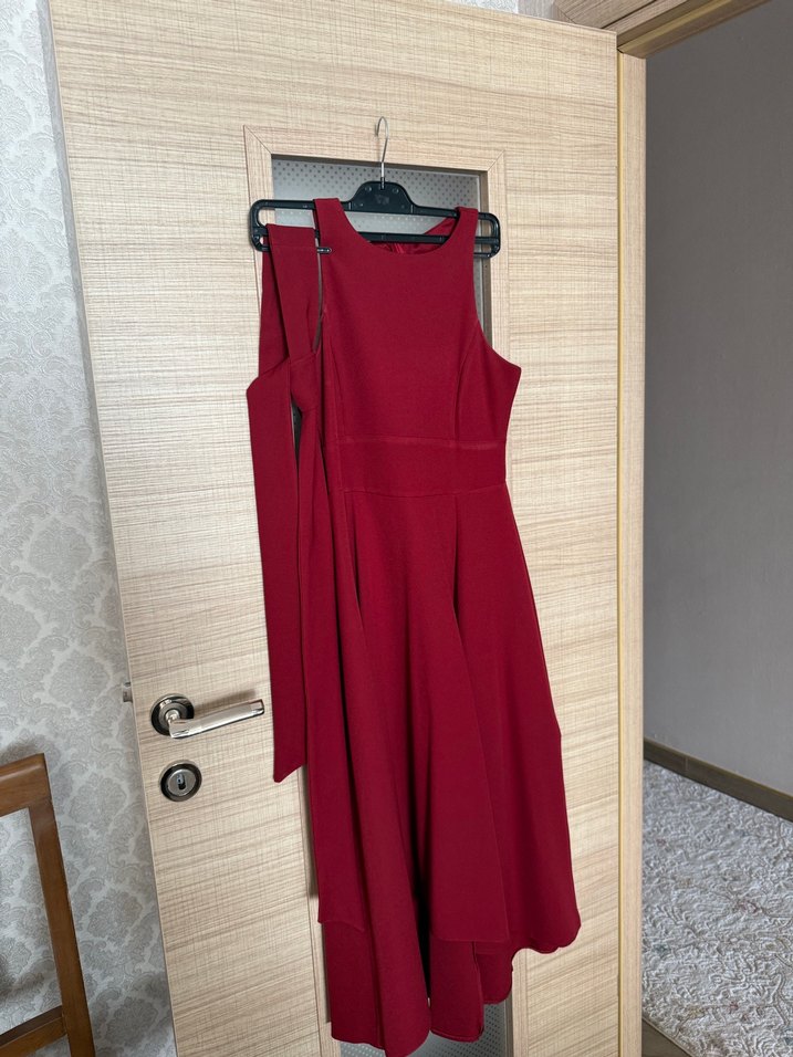 Bordo Drapeli Uzun Straplez Kadın Elbise - Görsel 3