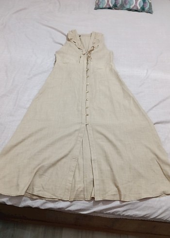 Bej Keten V Yakalı Uzun Elbise - Görsel 2