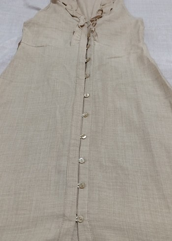 Bej Keten V Yakalı Uzun Elbise - Görsel 3