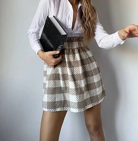 Bej Kareli Kısa Etek