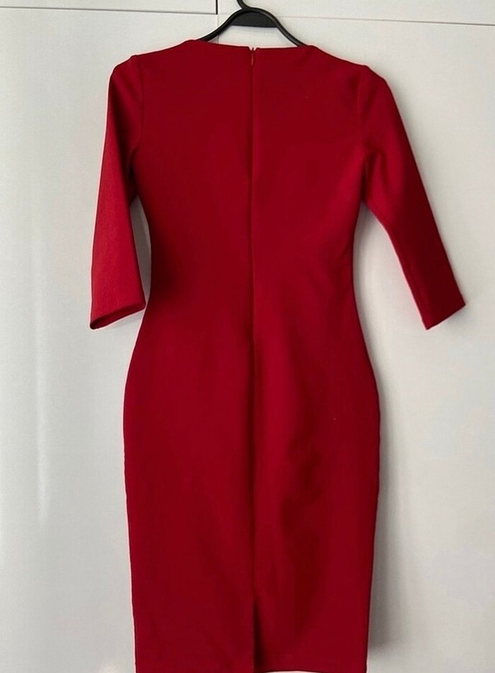 Kırmızı Drapeli V Yaka Kalem Elbise - Görsel 2