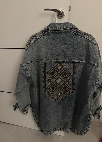 Nakışlı Gri Bohem Kadın Kot Ceket - Görsel 2