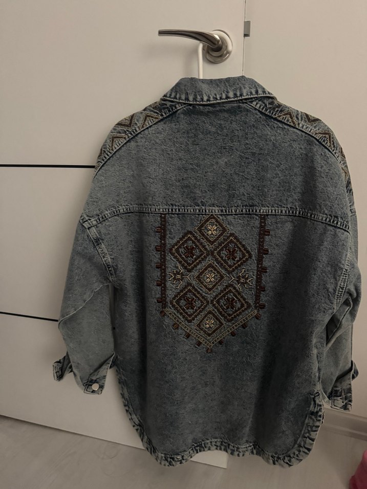 Nakışlı Gri Bohem Kadın Kot Ceket - Görsel 2
