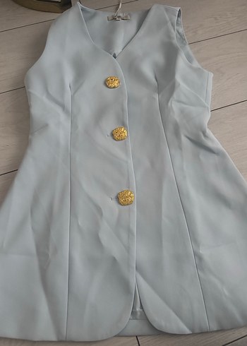 Düğmeli Mavi Midi Kadın Yelek pantolon takım - Görsel 3