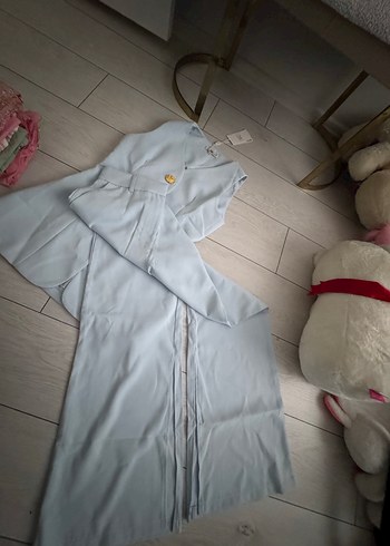 Düğmeli Mavi Midi Kadın Yelek pantolon takım - Görsel 4