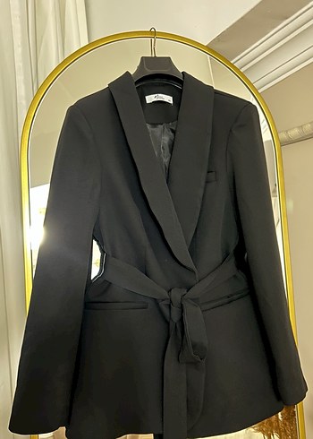 Siyah Kemerli Kadın Midi Blazer - Görsel 3
