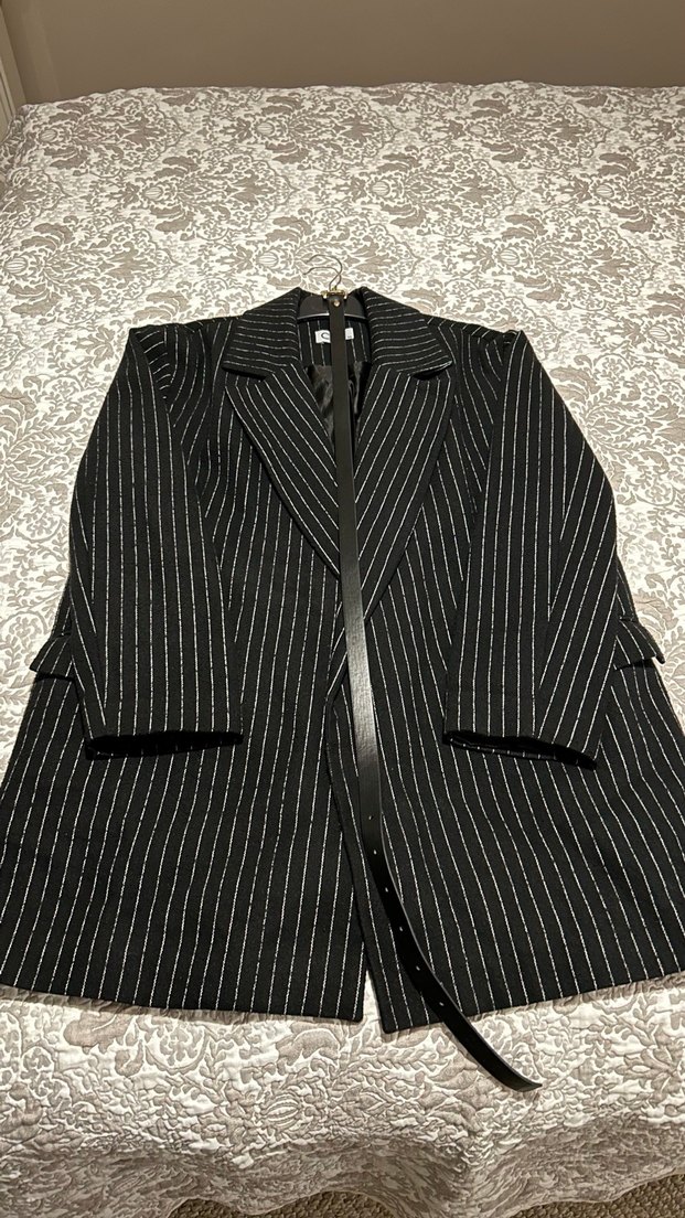 Kemerli Siyah Çizgili Uzun Kadın Blazer - Görsel 2