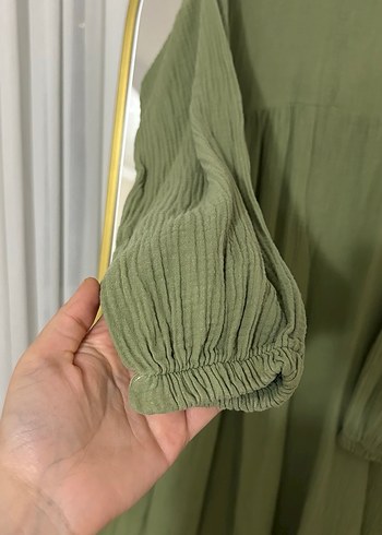 Kadın Haki Uzun Keten tesettür Elbise - Görsel 2