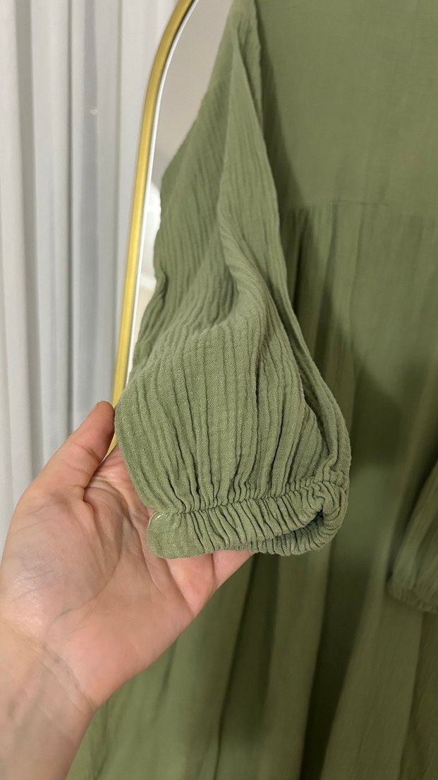 Kadın Haki Uzun Keten tesettür Elbise - Görsel 2