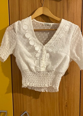 Nakışlı V Yaka Beyaz coquette Bluz - Görsel 2