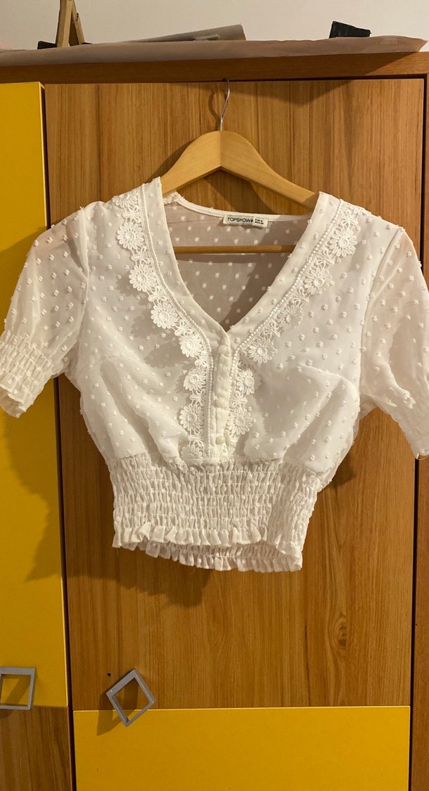 Nakışlı V Yaka Beyaz coquette Bluz - Görsel 2