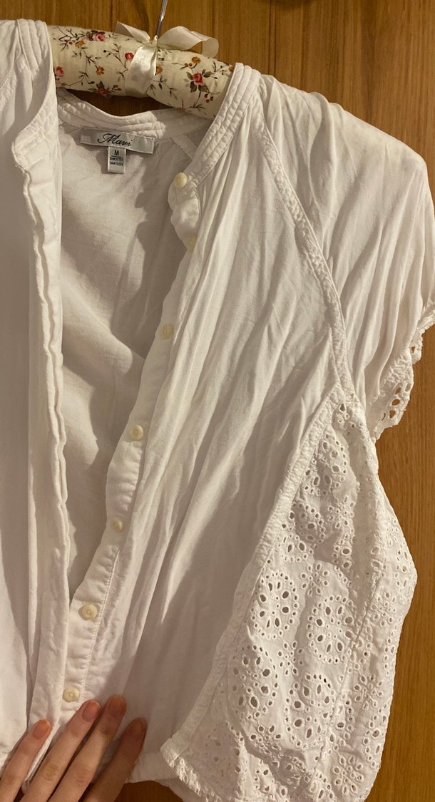 Düğmeli Beyaz Bohem  Bluz - Görsel 2