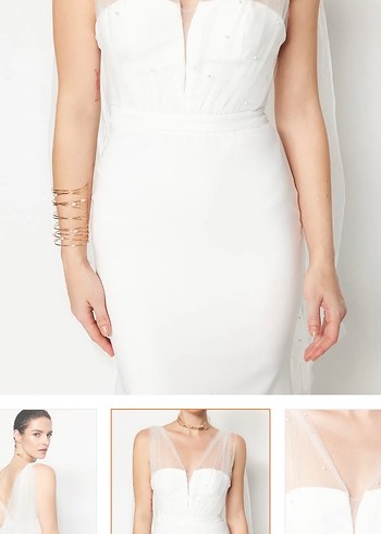 Minimalist V Yaka Beyaz Uzun Gelinlik - Görsel 4