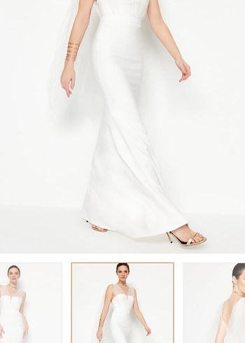 Minimalist V Yaka Beyaz Uzun Gelinlik - Görsel 2