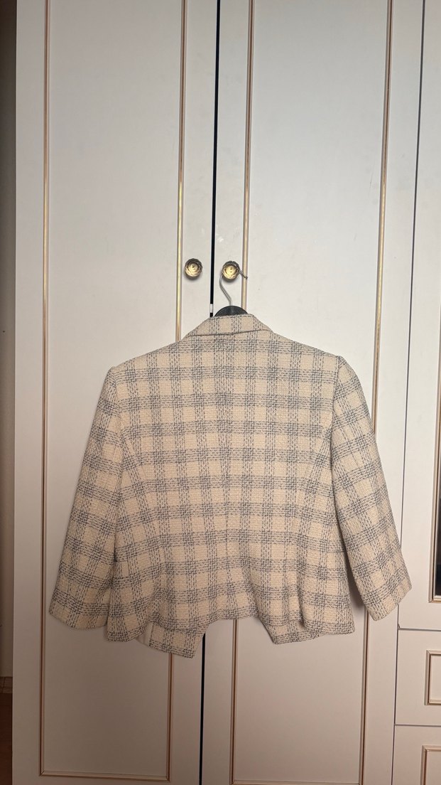 Bej Ekoseli Düğmeli Kadın Blazer Ceket - Görsel 2