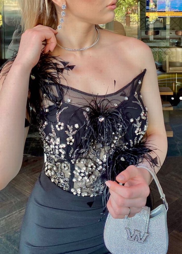 Siyah Straplez Payetli Uzun Abiye Elbise - Görsel 3