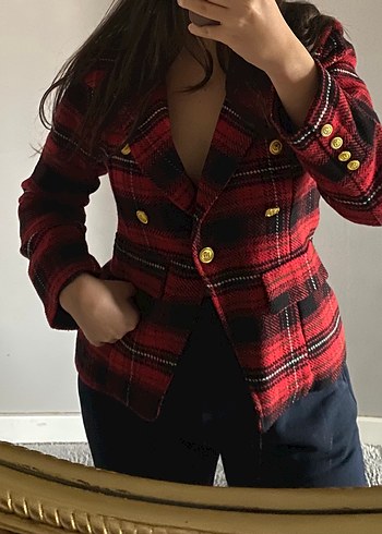 Düğmeli Kırmızı Ekose Kadın Blazer Ceket - Görsel 2