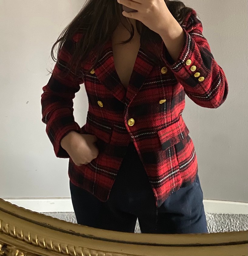 Düğmeli Kırmızı Ekose Kadın Blazer Ceket - Görsel 2